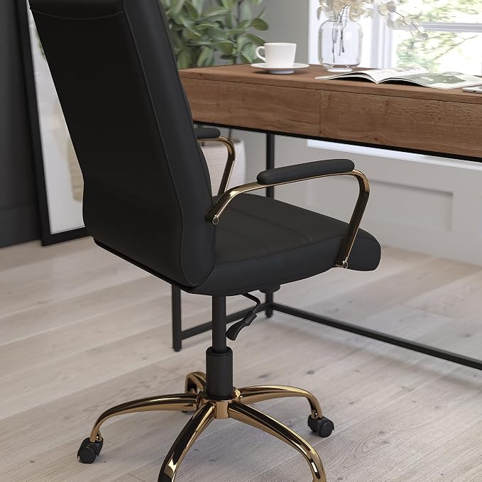 Merrick Lane Milano Contemporary High-Back Black Faux Leather Home Office Chair with Padded Gold Arms