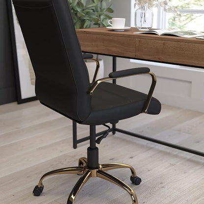 Merrick Lane Milano Contemporary High-Back Black Faux Leather Home Office Chair with Padded Gold Arms