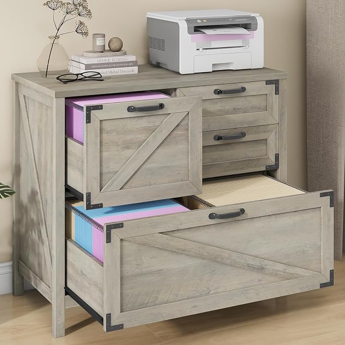 Halitaa Lateral File Cabinet with 4 Drawers, Farmhouse File Cabinet for Letter/Legal/A4 Size Hanging Files, Large Wood File Storage Cabinets Printer Stand for Home Office Cabinets, Rustic Grey