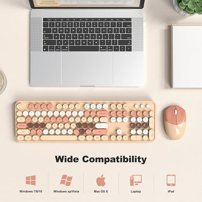 Wireless Keyboard and Mouse Combo, 2.4GHz Retro Full-Size Typewriter Keyboard with Number Pad and Wireless Mouse for PC/Laptop/Desktop/Windows (Milk Tea Colorful)