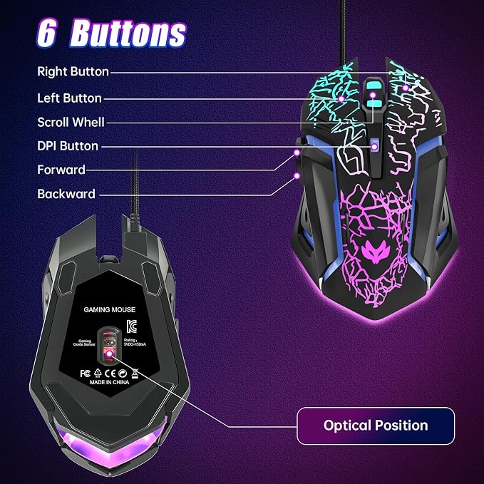 Gaming Mouse, 4 DPI Settings Up to 3600 DPI, Light Up RGB Ergonomic Optical Gaming Mice for Laptop/mac, Computer Wired USB Mouse, 7 Colors LED Backlight, 6 Buttons-Black