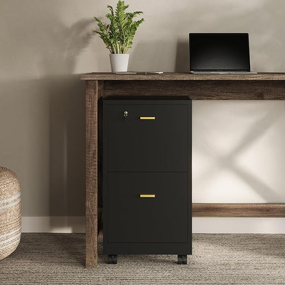 Lavish Home 2 Drawer File Cabinet - Filing Cabinet with Lock - Rolling File Cabinet for Under Desk Storage - Wood Filing Cabinet for Home or Office Organization (Black)