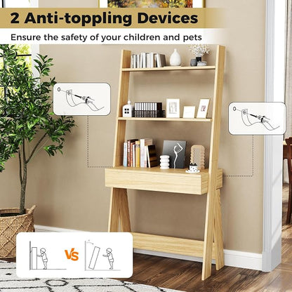 Tangkula Ladder Desk with Countertop & Drawer, Home Office Computer Laptop Table with Open Shelves & Anti-Tip Kits, Wall-Leaning Compact Working Station for Small Spaces (Natural)