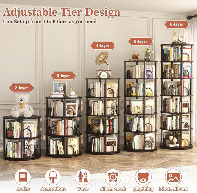 Aheaplus 6 Tier Rotating Bookshelf Tower, Revolving Bookcase, 360° Round Spinning Book Shelf, Narrow Swivel Bookshelves Vertical Rolling Turning Corner Bookshelf Organizer for Small Space, Black
