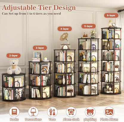 Aheaplus 6 Tier Rotating Bookshelf Tower, Revolving Bookcase, 360° Round Spinning Book Shelf, Narrow Swivel Bookshelves Vertical Rolling Turning Corner Bookshelf Organizer for Small Space, Black