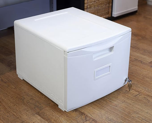Storex Plastic One-Drawer File Cabinet – Locking Document Organizer for Home and Office, White, 1-Pack (61271A01C)