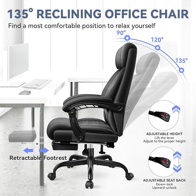 Office Chair, Big and Tall Office Desk Chair, Reclining Office Chair with Footrest Home Office Desk Chairs, High Back Ergonomic with Lumbar Support, Executive Leather