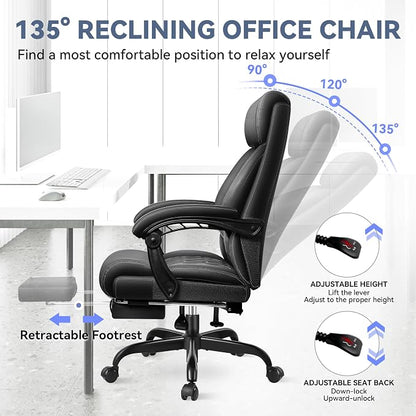 Office Chair, Big and Tall Office Desk Chair, Reclining Office Chair with Footrest Home Office Desk Chairs, High Back Ergonomic with Lumbar Support, Executive Leather