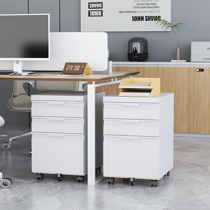 3 Drawer White Mobile File Cabinet with Wheels, Metal Small Filing Cabinets for Home Office Organizer,Rolling Filing Cabinets Under Desk Storage for Letter/Legal/A4 Files