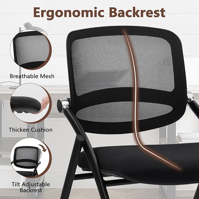 CLATINA Stackable & Foldable Conference Chair with Wheels, Ergonomic Mesh Back,300lbs Capacity, Breathable Padded Seat, Armless Office Chair for Reception, Training, Home Office, Black, 2PK