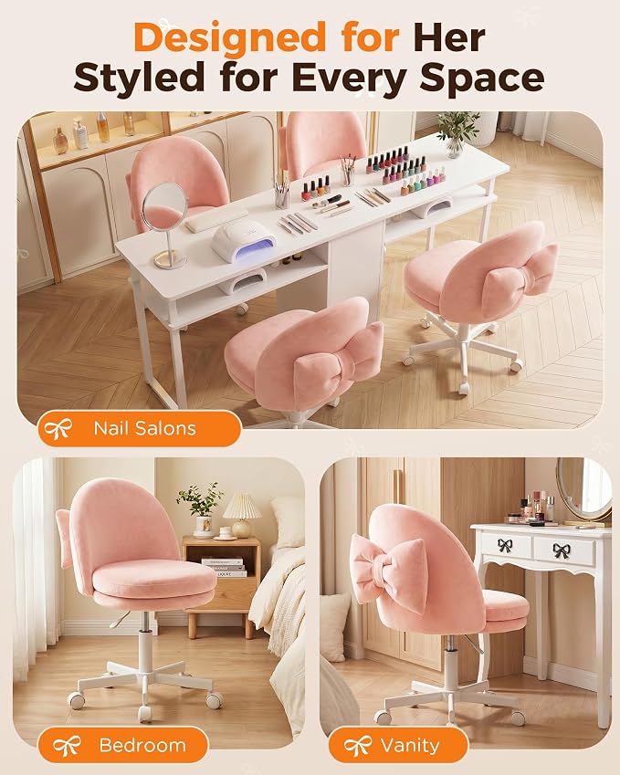 GTPLAYER Velvet Tall Office Chair with Wheels Vanity Chairs with Back, Versatile Height Use: Office to Bar Stools Small Ergonomic Comfy Armlees Computer Desk Chair with Bow Lumbar Pillow for Gift