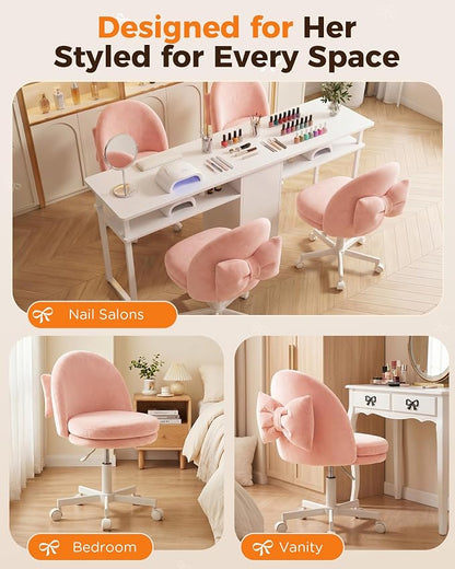 GTPLAYER Velvet Tall Office Chair with Wheels Vanity Chairs with Back, Versatile Height Use: Office to Bar Stools Small Ergonomic Comfy Armlees Computer Desk Chair with Bow Lumbar Pillow for Gift