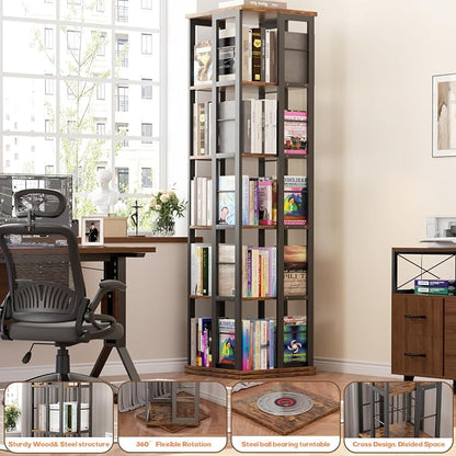 Aheaplus Rotating Bookshelf, Corner Bookcase, 360 Display Wood Spinning Bookshelves, Floor Standing Bookcase Narrow Shelf,5 Tiers, Rustic Brown