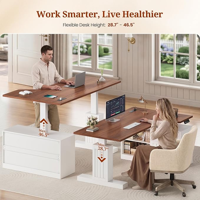 UPOSOJA 59" Farmhouse L Shaped Standing Desk with File Drawers, Electric Executive Desk Adjustable Height with Power Outlets, Storage Shelves, Sit Stand Corner Computer Desk for Home Office, White