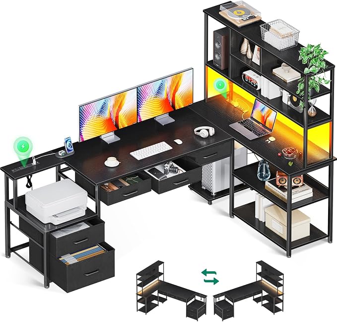 AODK 71 inch L Shaped Desk with 5 Drawers, Reversible L Shaped Gaming Desk with LED Light & 2 Power Outlets, Computer Desk with Storage Shelves for Home Office, Black