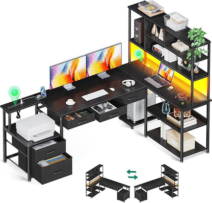 AODK 71 inch L Shaped Desk with 5 Drawers, Reversible L Shaped Gaming Desk with LED Light & 2 Power Outlets, Computer Desk with Storage Shelves for Home Office, Black
