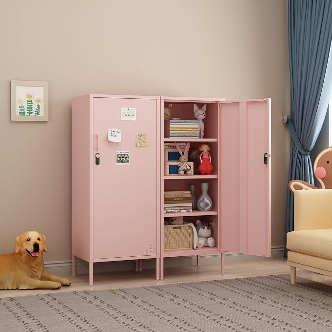 Steehoom Metal Locker Cabinet Lockable Bathroom Storage Cabinet Black 4 Tier Employee Lockers for Home, School, Office, Garage (Pink, 19.69" D x 15.75" W x 49.21" H)
