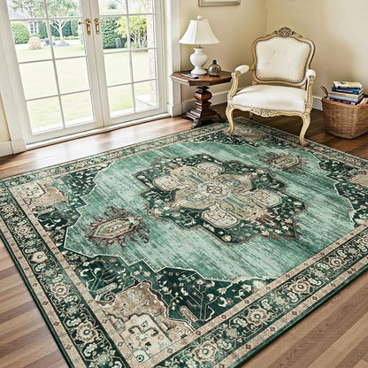 Lofus 5x7 Emerald Green Washable Rugs Non-Slip, Vintage Floral Area Rug for Living Room Bedroom Dining Room Kitchen, Low Pile Distress Print Medallion Carpet Home Decor Rug