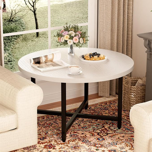 FAMIDGE Round Coffee Table, Small Coffee Tables for Living Room, Low Wood Coffee Table with Metal Frame, Floor Table Desk for Sitting on The Floor, Home, Office, White(23.6" D x 17.7" H)