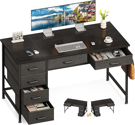 ODK Computer Desk with 6 Drawers, 48 Inch Office Desk with Storage, Reversible Desk with Headphone Hook for Home Office, Work Study Table for Bedroom, Black