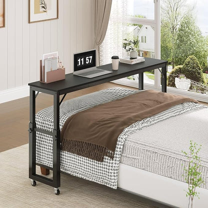 MAHANCRIS Overbed Table with Wheels, Mobile Bed Desk for Queen Size, 36"-43.5" Adjustable Height Rolling Table, Recliner Desk, Mobile Cross Bed for Bedroom, Living Room, Office, Black MTBK18001