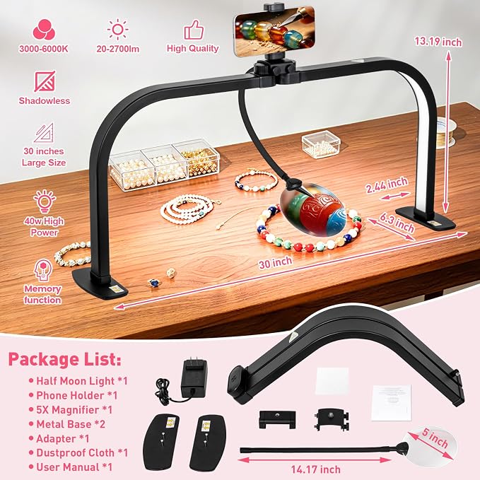 HITTI LED Half Moon Nail Desk Lamp, 30" Foldable Arch Light with 5X Magnifier & Phone Holder for Manicure, Handicraft, Art, Eyelash Extensions - Adjustable Brightness, 3 Color Modes, Home & Salon
