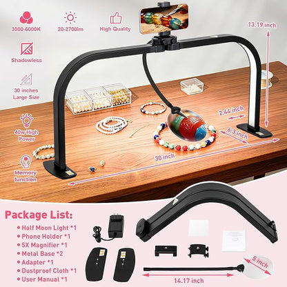 HITTI LED Half Moon Nail Desk Lamp, 30" Foldable Arch Light with 5X Magnifier & Phone Holder for Manicure, Handicraft, Art, Eyelash Extensions - Adjustable Brightness, 3 Color Modes, Home & Salon