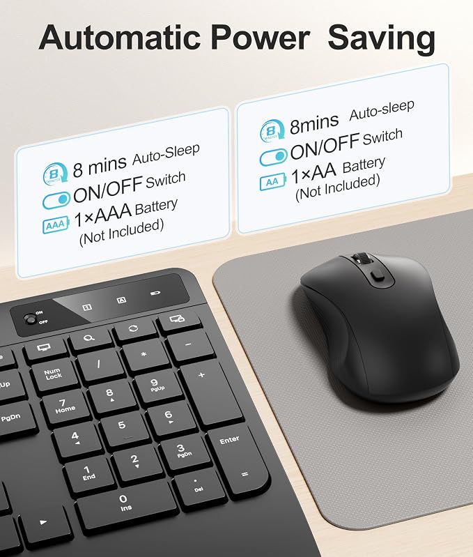 Quiet Wireless Keyboard and Mouse Combo – 3-Level DPI Silent Mouse, Full-Size Ergonomic Wrist Rest, 2.4GHz Plug-and-Play, Multimedia Hotkeys for Windows Computer/Laptop, Black
