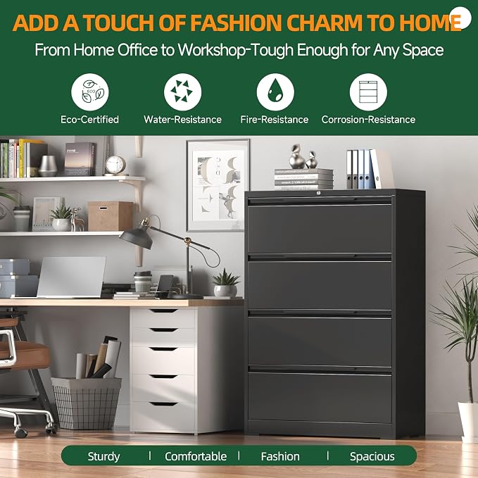 Lateral File Cabinet 4 Drawer, Metal File Cabinet with Lock | Filing Cabinets for Home Office, Black Locking Deep Drawer for Hanging Files Letter/Legal/A4/F4 Size, Assembly Required