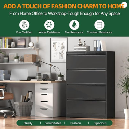 Lateral File Cabinet 4 Drawer, Metal File Cabinet with Lock | Filing Cabinets for Home Office, Black Locking Deep Drawer for Hanging Files Letter/Legal/A4/F4 Size, Assembly Required