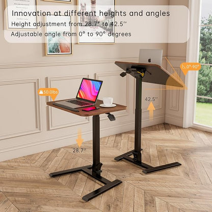 alawooder 25 Inch Mobile Folding Desk - No Assembly, Pneumatic Sit-Stand, 29-42" Height Adjustable Rolling Laptop Desk with Hidden Wheels, 0-90° Tilt Top for Home Office, Craft & Study