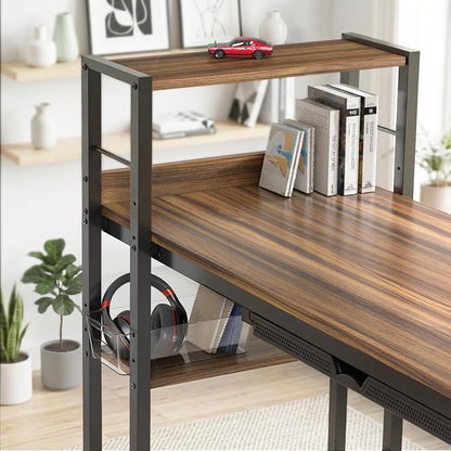 SHW 46-Inch Home Office Mission Computer Desk with Side Shelf and Drawer, Walnut