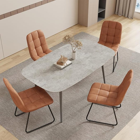 HIPIHOM 55.1'' Dining Table Set for 4,Modern Wood Dining Table,Leather Dining Chairs 4,Table and Chairs Set of 4,Ideal for Kitchen Dining Room (Gray Table + 4 U-Shaped Brown Chairs, 55.1")