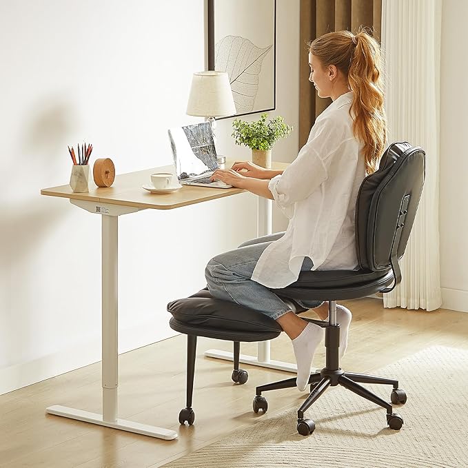 Pinmoco Ergonomic Cross Legged Office Chair for ADHD, Kneeling Chair with 360° Swivel Wheels and Reversible Seating for Meditation, Adjustable Height and Seat Deapth, PU Leather, Black