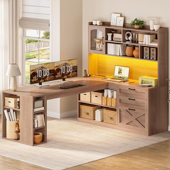 SEDETA Farmhouse L Shaped Office Desk with Drawers, 61” Computer Desk with Storage Shelves and Power Outlet, Corner Gaming Desk with LED Light and Display Cabinet for Home Office, Light Brown