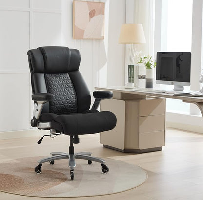 600lbs Big and Tall Office Chair with Flip Arms, Wide Plus Size Chair with Adjustable Lumbar Support for Heavy People, Ergonomic Chair with Breathable Leather, Quiet Rubber Wheels, Black