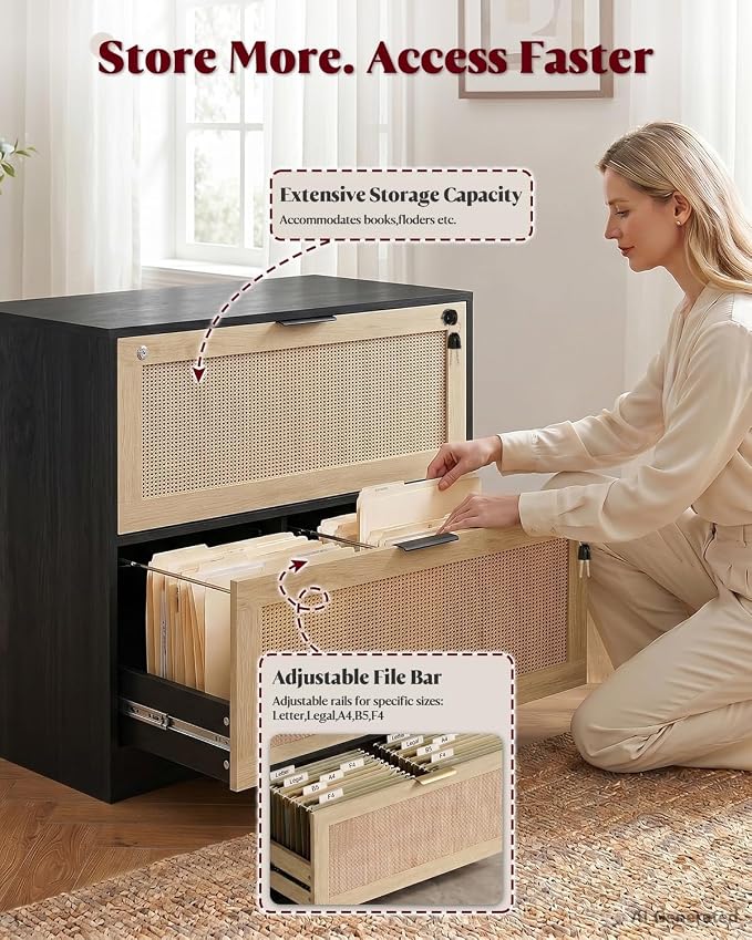HOPUBUY 2 Drawer File Cabinet with Lock, Printer Stand Lateral Filing Cabinets for Home Office and School, Wood Rattan File Cabinet for Hanging Files/Letter/Legal/A4/F4 Size, Black