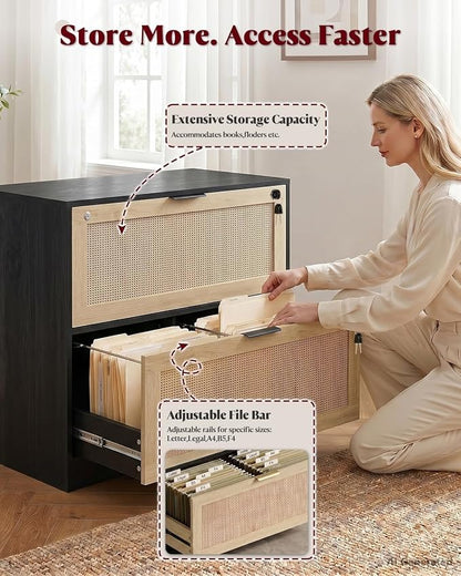 HOPUBUY 2 Drawer File Cabinet with Lock, Printer Stand Lateral Filing Cabinets for Home Office and School, Wood Rattan File Cabinet for Hanging Files/Letter/Legal/A4/F4 Size, Black