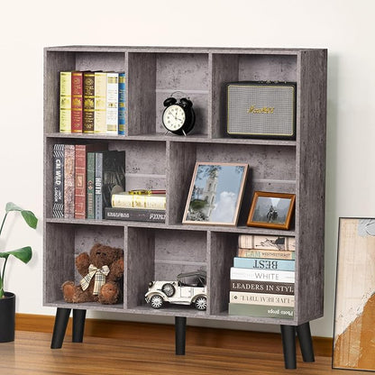LEYAOYAO 8 Cube Bookshelf,Farmhouse Bookcase with Legs,Modern Dirty Grey Mid-Century Bookshelves,Large 3 Tier Open Storage Organizer Shelf, Retro Wood Display Book Case