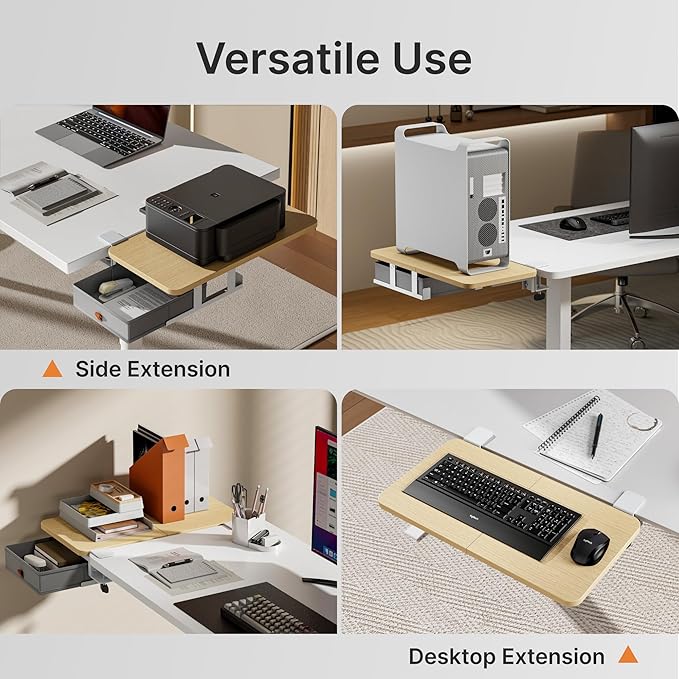 PEGZONE Desk Extender Tray, 24" x 12", with Storage Drawer, Medium, Wood | Desk Extension, Clamp on Desk Shelf, Clamp On Keyboard Tray for Office and Home, Workstation Organizer