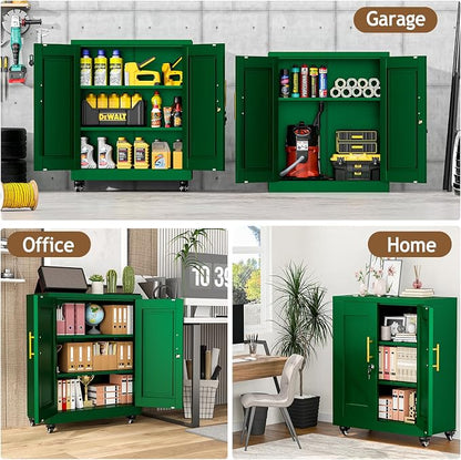 pozdeg 35" Metal Storage Cabinet with Lock and Wheels, Lockable Office File Cabinet with 2 Doors and 2 Adjustable Shelves, Rolling Steel Tool Garage Cabinets for Home Office (Green)