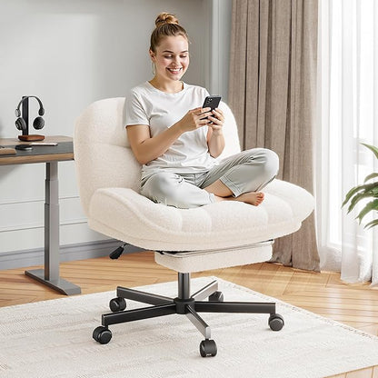 DurayLoly Cross Legged Office Chair with Foot Rest, 6.3" Thick Cushioned Criss Cross Chair with Wheels, Height Adjustable Swivel Vanity Chair for All-Day Comfort (White)