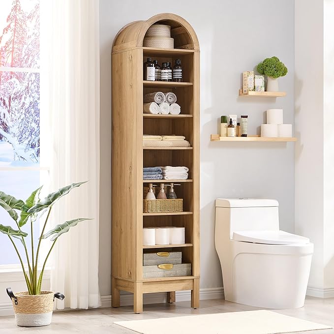 IFGET 71" Tall Arched Bookshelf, 8 Tiers Arch Bookcase with Storage, Modern Farmhouse Book Shelf with Adjustable Shelves, Wood Bookshelf w/Open Display Shelves for Living Room, Office (Natural)