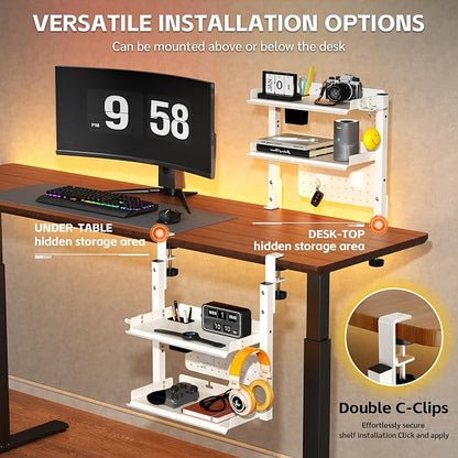 2-Tier Steel Clamp On Desk Shelf, Adjustable 16 inch Desk Storage Shelves with Pegboard and Pencil Holder,Above or Under Heavy Duty Desktop Organizer with Headphone Holder for Desk Accessories (White)