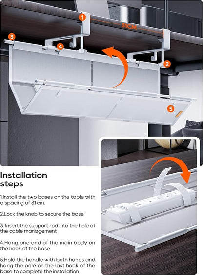 27" No Drill Under Desk Cable Management Tray (White) | Fire-Resistant Thickened Nylon Material, Clip-on Cord Organizer to Hide Power Strip, Heat Dissipation Mesh Design, for Office