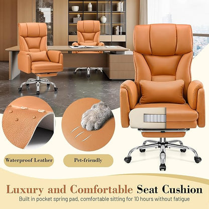 Big and Tall Office Chair, 400LBS Wide Leather Gaming Chair with Footrest, High Back Executive Chair, Reversible Armrest for Pets, 135° Reclining Cross Legged Desk Chair with Lumbar Support(Brown)