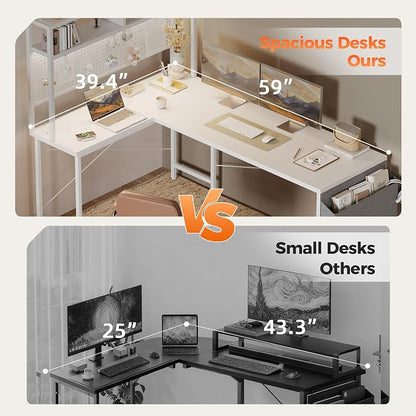 Mericonia 51 inch Large L Shaped Desk with Pegboard Hutch & Shelves, Corner Gaming Desk with Power Outlet, LED Light & Storage Bag, Reversible Computer Desk for Home, Bedroom, Office Workspace, White