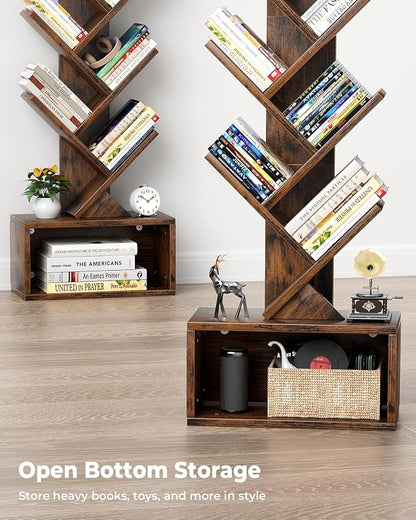 Evermagin 6 Tier Tree Bookshelf with Light, Narrow Bookcase Tower, Tall Floor Standing Book Organizer with Storage Cabinet for Living Room, Bedroom and Home Office, Rustic Brown