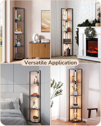 EDISHINE 64" Corner Display Shelf with Light, Modern Corner Floor Lamp with Shelves, 3CCT, Stepless Dimmable Standing Lamp for Living Room, Bedroom, Office, Dining Room, 3000K 4000K 5000K, Black