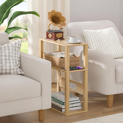 YUFAM 3 Tier Small Narrow Bamboo Side Table Set of 2 with Charging Station - Skinny Nightstand for Small Spaces, Slim Bedside Table with USB Ports and Outlets - Thin End Table with Storage, Natural
